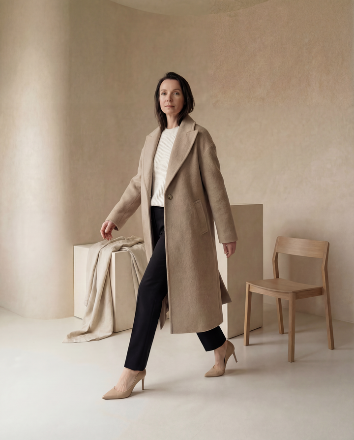 Płaszcz Damski Długi Elegancki | Klasyczny Krój | Ciepły Materiał | Na Zimę