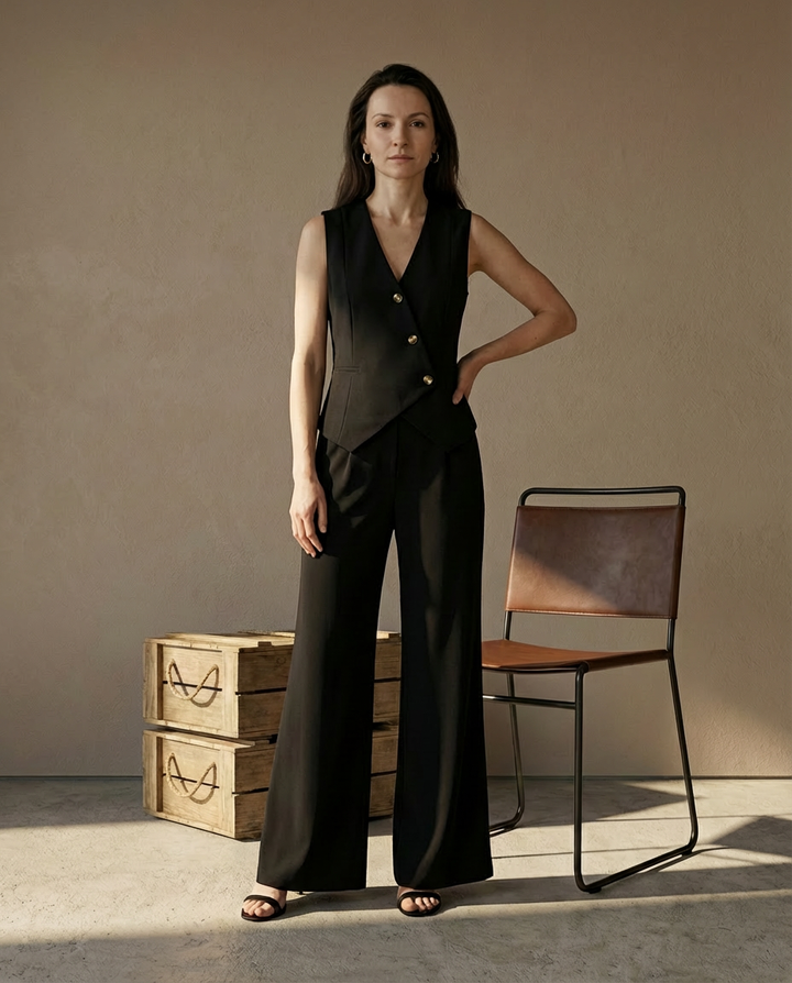 Garnitur Damski Kira | Elegancka Kamizelka i Spodnie z Szeroką Nogawką - 5