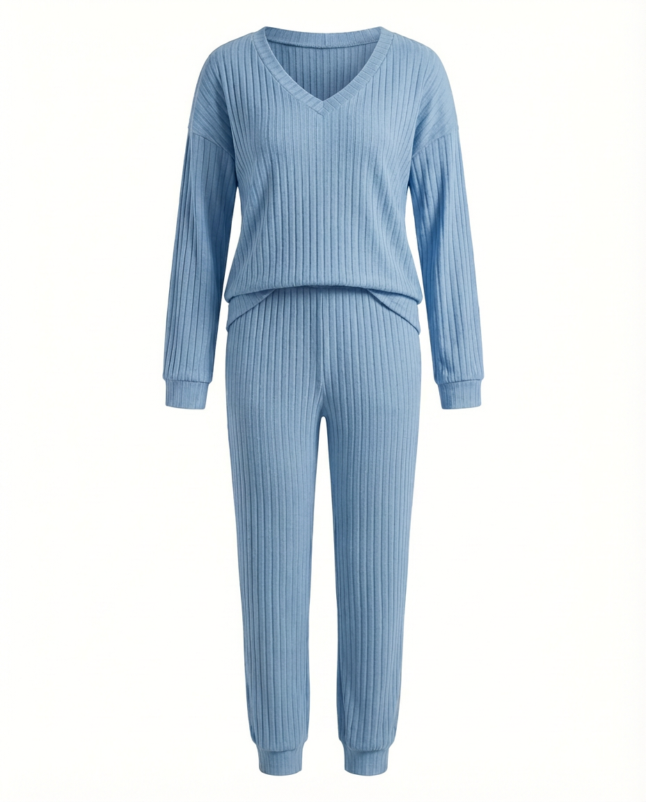 Damski Komplet Dzianinowy | Prążkowana Tkanina | Swobodny Krój | Na Co Dzień i Do Domu - 10