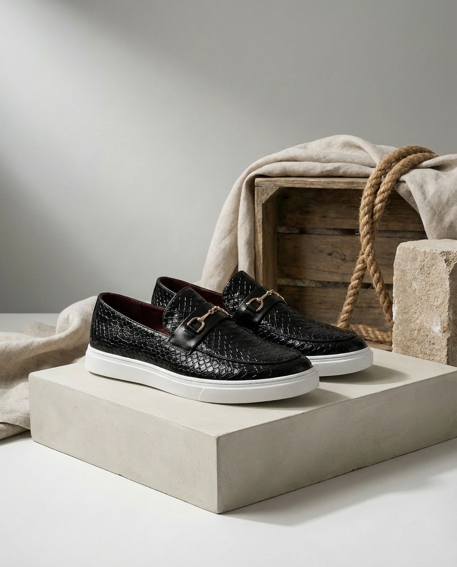 Mokasyny męskie skórzane | Klasyczny krój | Tłoczony wzór węża | Na co dzień