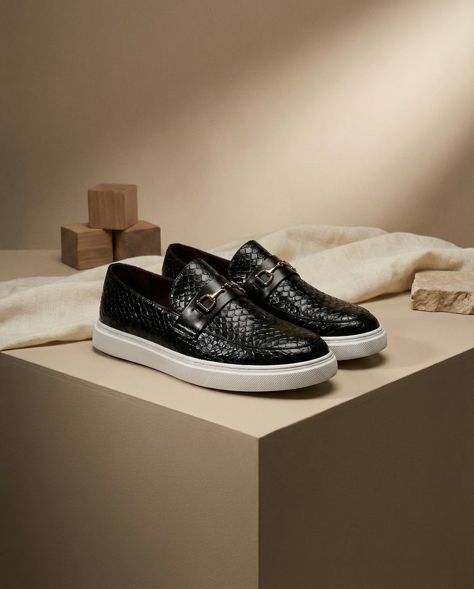 Mokasyny męskie skórzane | Klasyczny krój | Tłoczony wzór węża | Na co dzień
