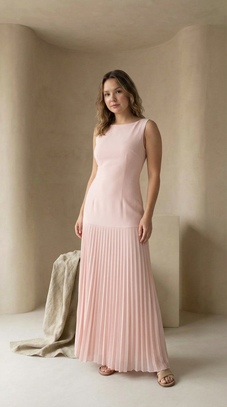 Sukienka Maxi Damska Plisowana | Dopasowany Krój | Bez Rękawów | Na Wieczorne Okazje