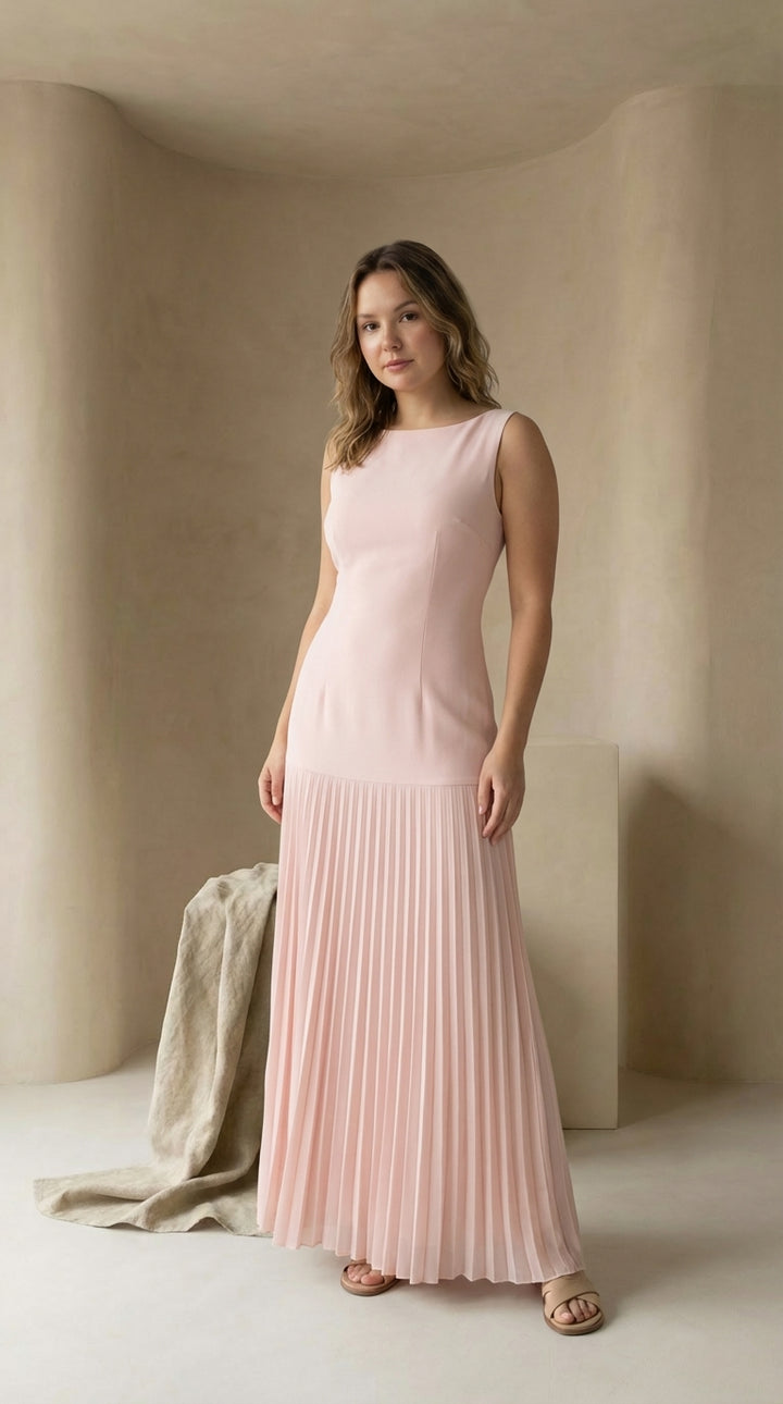 Sukienka Maxi Damska Plisowana | Dopasowany Krój | Bez Rękawów | Na Wieczorne Okazje