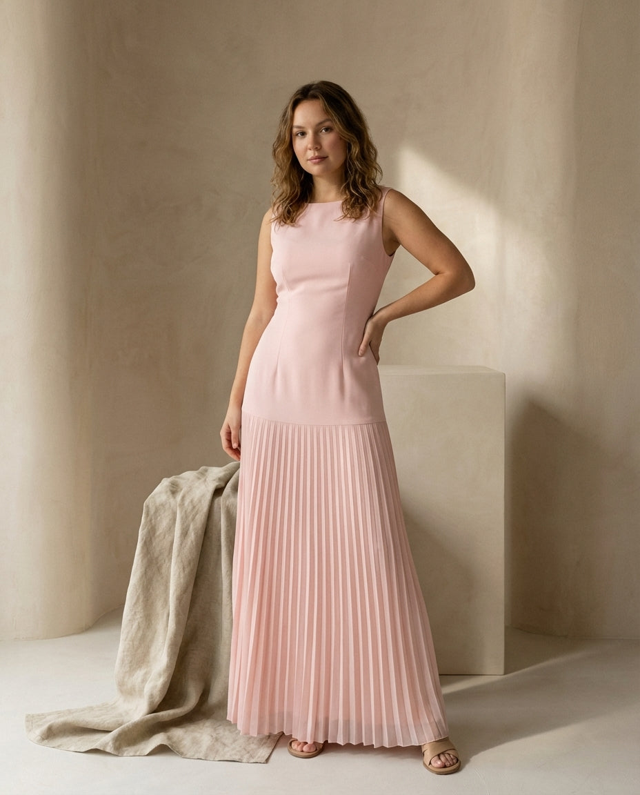 Sukienka Maxi Damska Plisowana | Dopasowany Krój | Bez Rękawów | Na Wieczorne Okazje