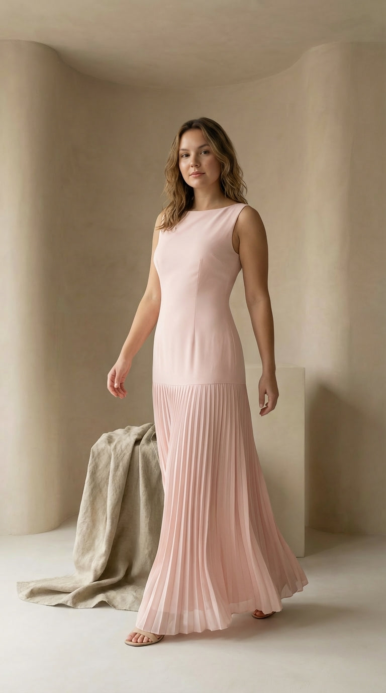 Sukienka Maxi Damska Plisowana | Dopasowany Krój | Bez Rękawów | Na Wieczorne Okazje