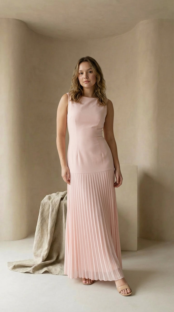 Sukienka Maxi Damska Plisowana | Dopasowany Krój | Bez Rękawów | Na Wieczorne Okazje