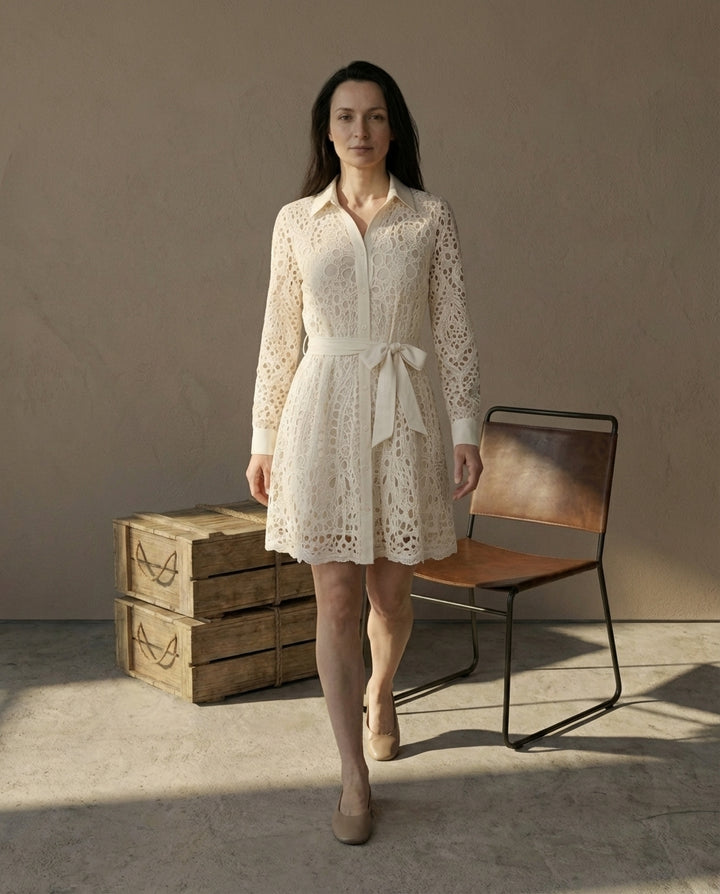 Sukienka Damska Koronkowa | Dopasowany Krój | Z Długimi Rękawami | Na Wesele i Letnie Przyjęcia