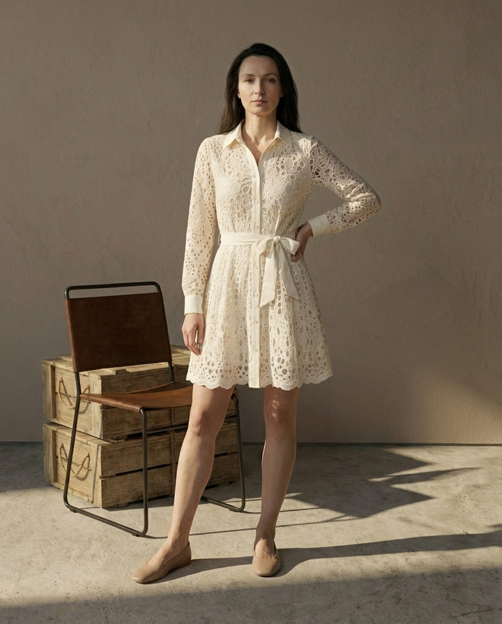 Sukienka Damska Koronkowa | Dopasowany Krój | Z Długimi Rękawami | Na Wesele i Letnie Przyjęcia