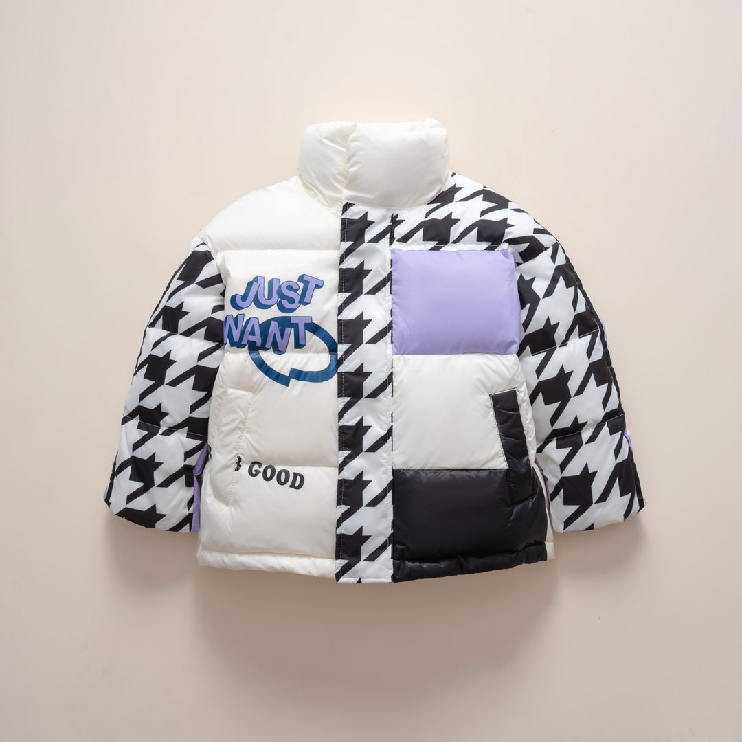 Dziecięca Kurtka Zimowa z Nadrukiem | Pikowana z Wysokim Kołnierzem | Kolorowy Patchwork