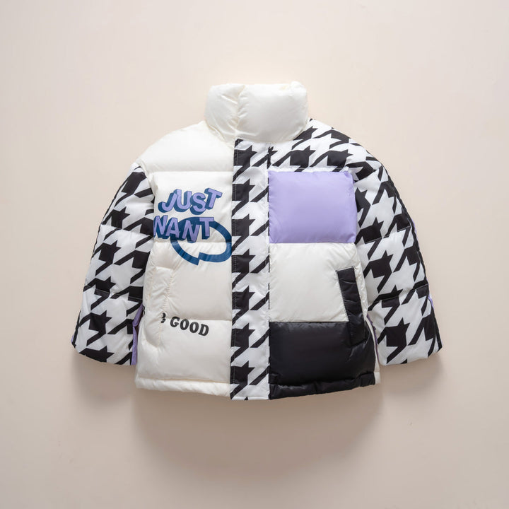 Dziecięca Kurtka Zimowa z Nadrukiem | Pikowana z Wysokim Kołnierzem | Kolorowy Patchwork