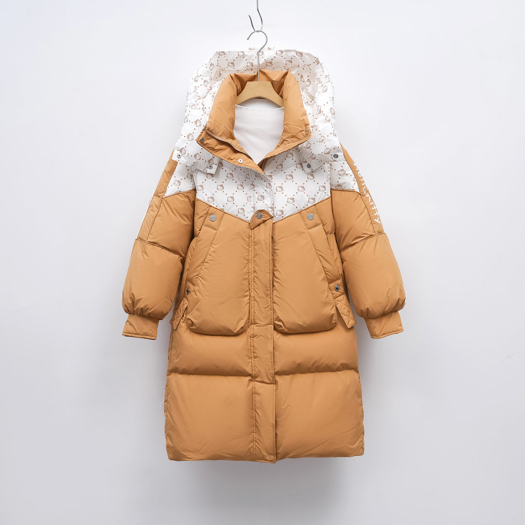 Długa Pikowana Kurtka z Kapturem | Kontrastowy Panel | Obszerne Kieszenie | Na Zimowe Dni