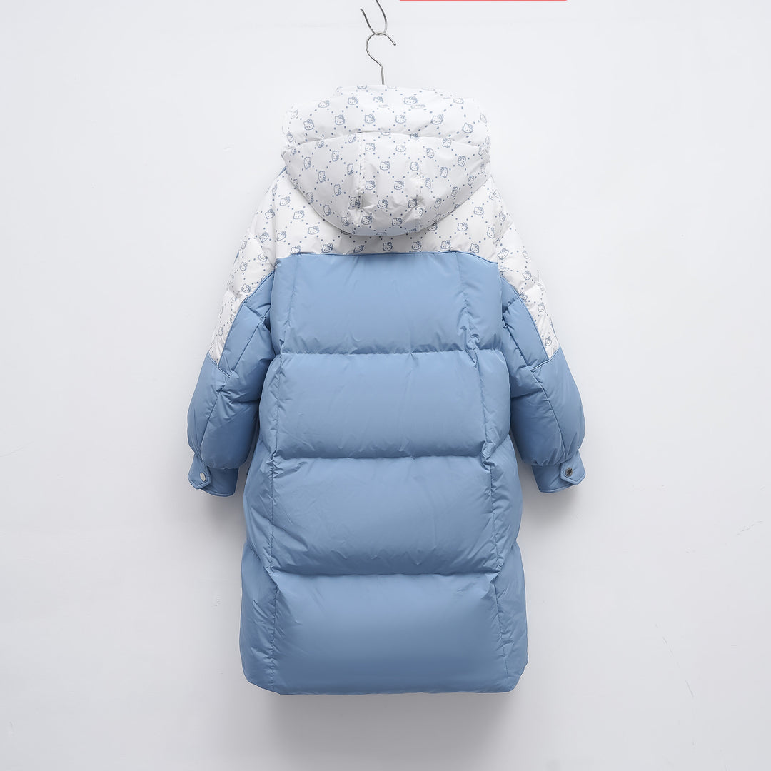 Długa Pikowana Kurtka z Kapturem | Kontrastowy Panel | Obszerne Kieszenie | Na Zimowe Dni