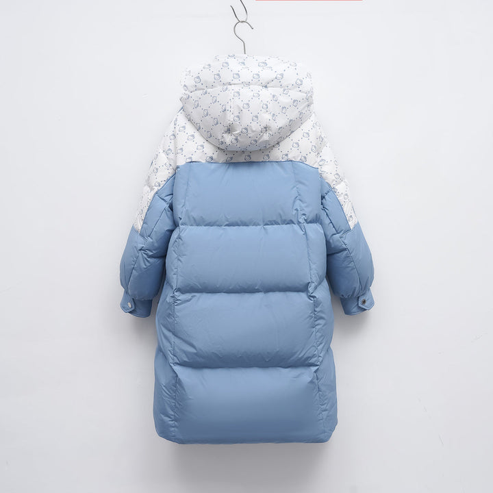 Długa Pikowana Kurtka z Kapturem | Kontrastowy Panel | Obszerne Kieszenie | Na Zimowe Dni