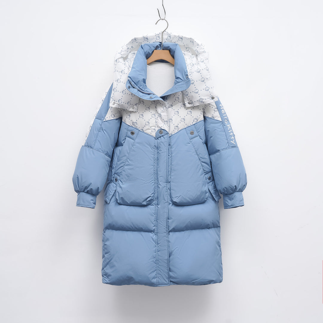 Długa Pikowana Kurtka z Kapturem | Kontrastowy Panel | Obszerne Kieszenie | Na Zimowe Dni