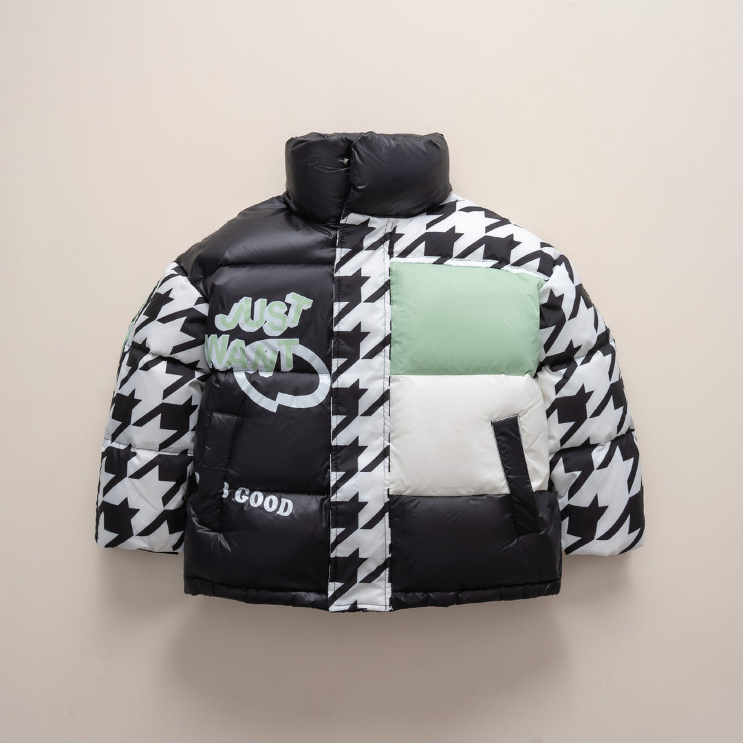 Dziecięca Kurtka Zimowa z Nadrukiem | Pikowana z Wysokim Kołnierzem | Kolorowy Patchwork