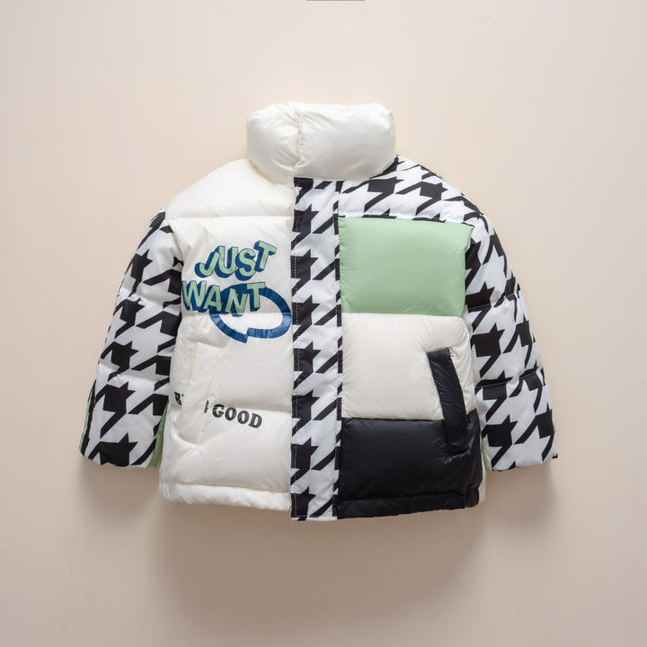 Dziecięca Kurtka Zimowa z Nadrukiem | Pikowana z Wysokim Kołnierzem | Kolorowy Patchwork