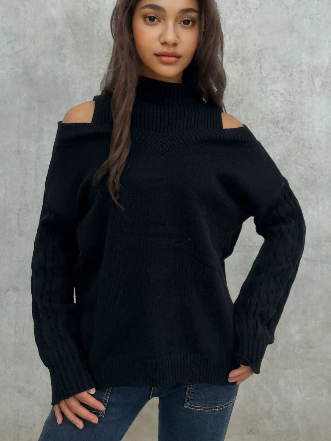 Sweter z Odsłoniętymi Ramionami | Dzianinowy z Golfem | Styl Casual