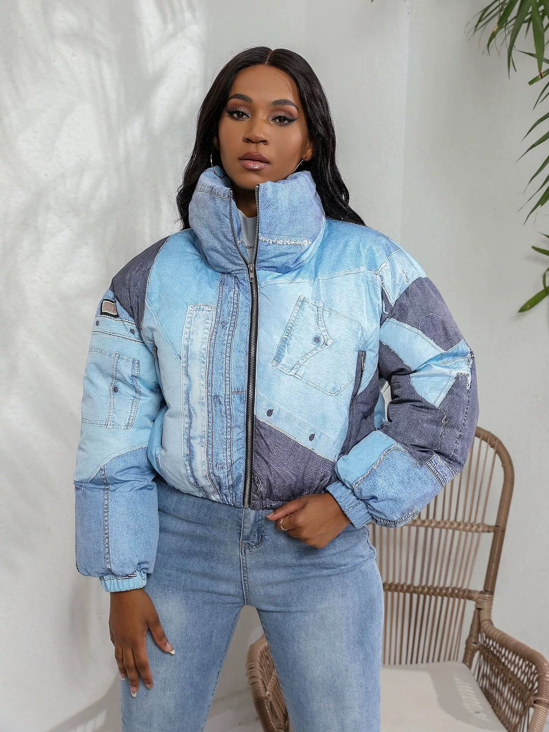 Damska Kurtka Jeansowa w Stylu Patchwork | Pikowana Puchówka | Styl Streetwear