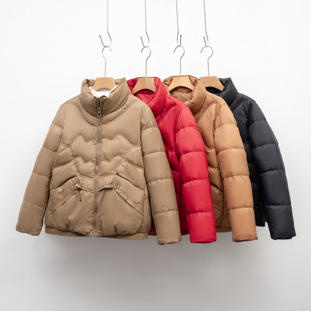 Kurtka Pikowana z Dekoracyjnym Przeszyciem | Krótki Krój | Z Ozdobnymi Kieszeniami