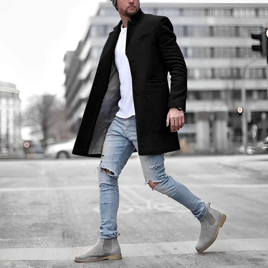 Męski Płaszcz z Kołnierzem Stójką | Elegancki Fason | Lekka Tkanina | Na Wiosnę i Jesień