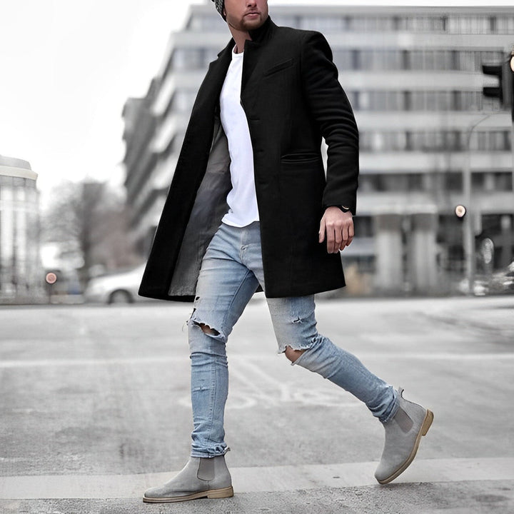 Męski Płaszcz z Kołnierzem Stójką | Elegancki Fason | Lekka Tkanina | Na Wiosnę i Jesień