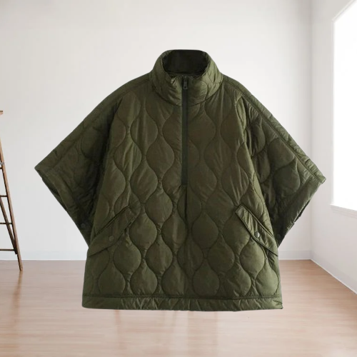 Kurtka Damska Ponczo Pikowane | Oversize Krój | Stójka i Zamek | Na Przejściową Pogodę