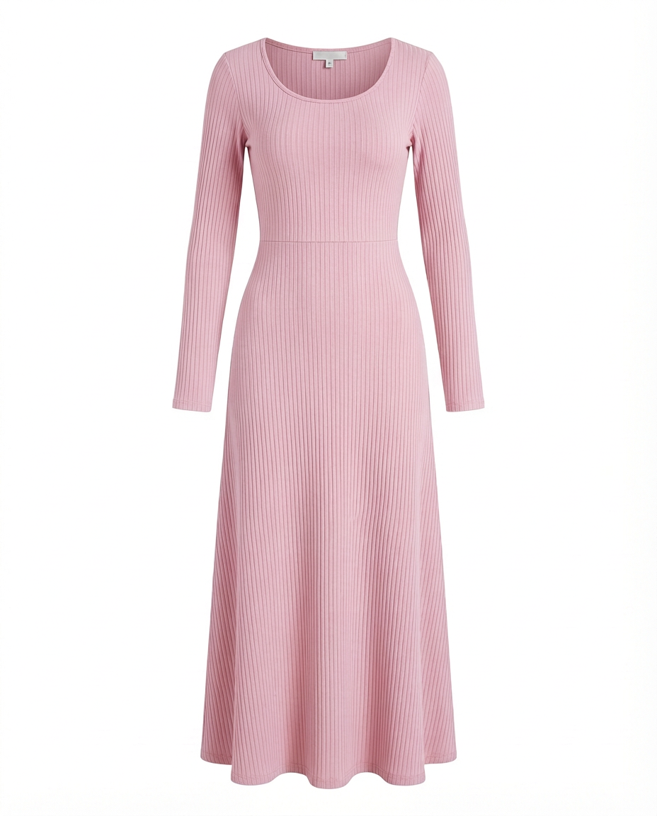 Sukienka Długa Prążkowana | Dopasowany Krój | Rozszerzane Rękawy | Na Co Dzień