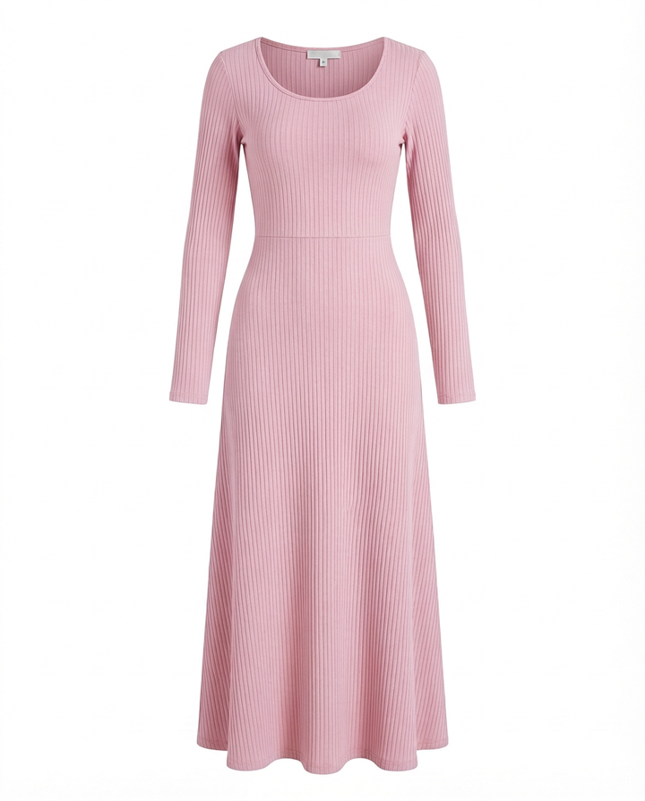 Sukienka Długa Prążkowana | Dopasowany Krój | Rozszerzane Rękawy | Na Co Dzień