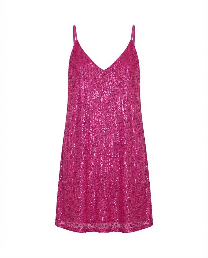 Krótka Sukienka z Cekinami | Lekki Luźny Krój z Dekoltem w Serek | Stylowa Sukienka na Imprezę