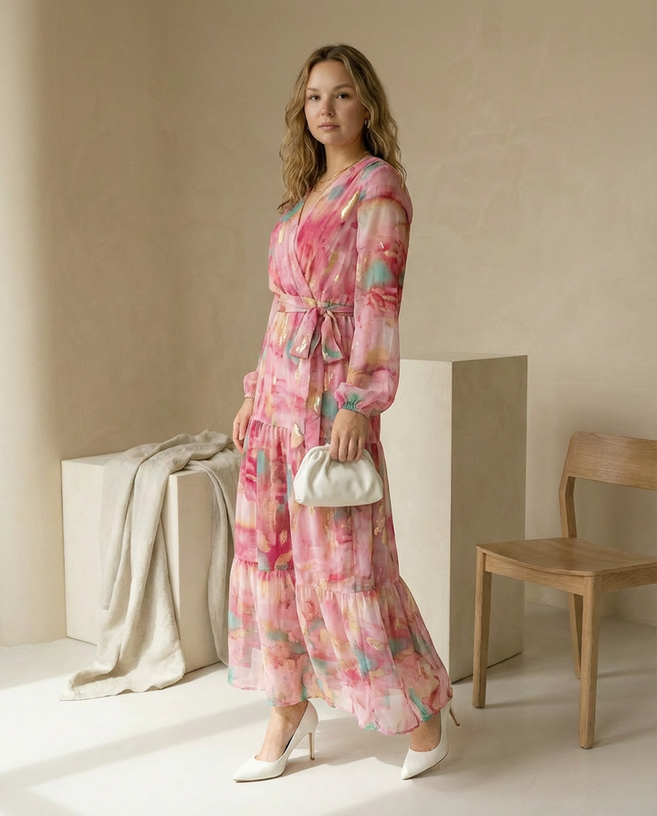 Sukienka Maxi Damska Kwiatowa | Luźny Krój | Wiązanie w Talii | Na Co Dzień