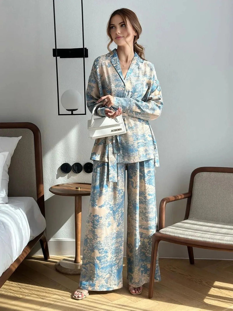 Zestaw Damski Koszula i Spodnie z Printem | Luźny Krój | Styl Wypoczynkowy i Elegancki