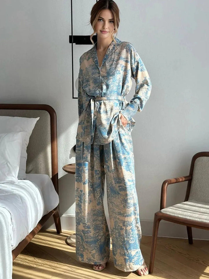 Zestaw Damski Koszula i Spodnie z Printem | Luźny Krój | Styl Wypoczynkowy i Elegancki