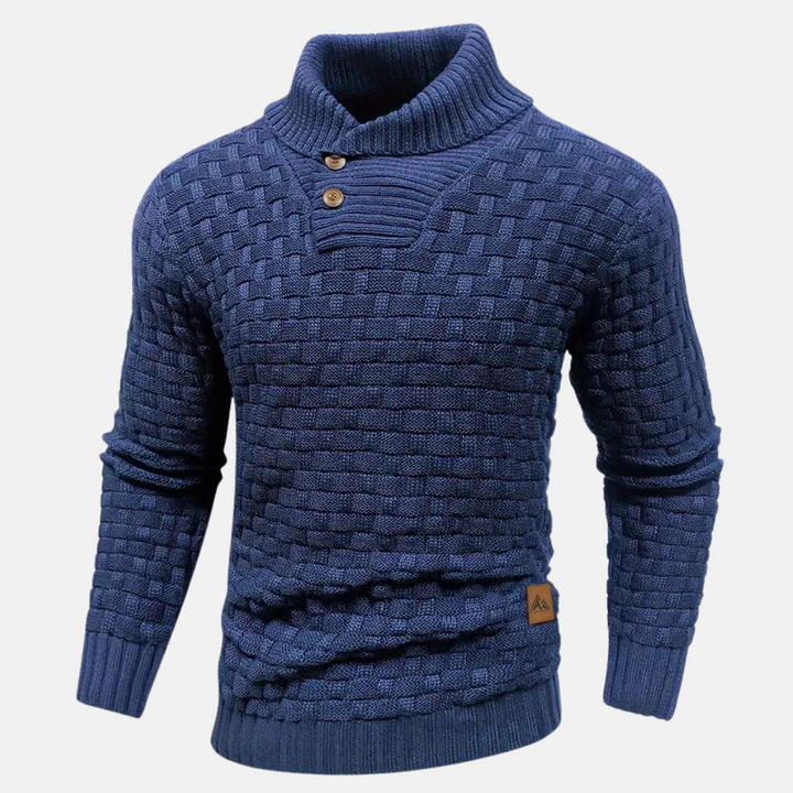 Sweter z Kołnierzem Szalowym | Dzianina Koszykowa | Guziki Dekoracyjne | Styl Casual z Charakterem