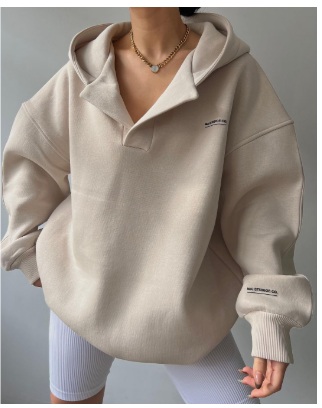 Damska Bluza Oversize z Kapturem | Głęboki Dekolt V | Styl Swobodny | Dzianina Premium