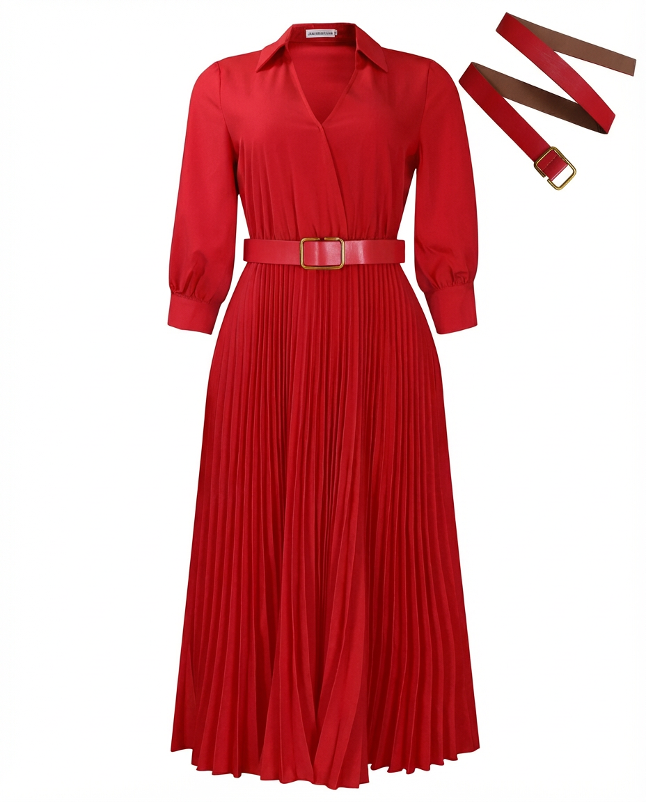 Sukienka Midi Elegancka | Dopasowany Krój | Dekolt w Kształcie V | Na Wiosnę i Lato