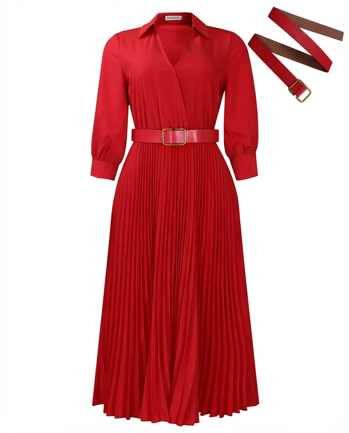 Sukienka Midi Elegancka | Dopasowany Krój | Dekolt w Kształcie V | Na Wiosnę i Lato