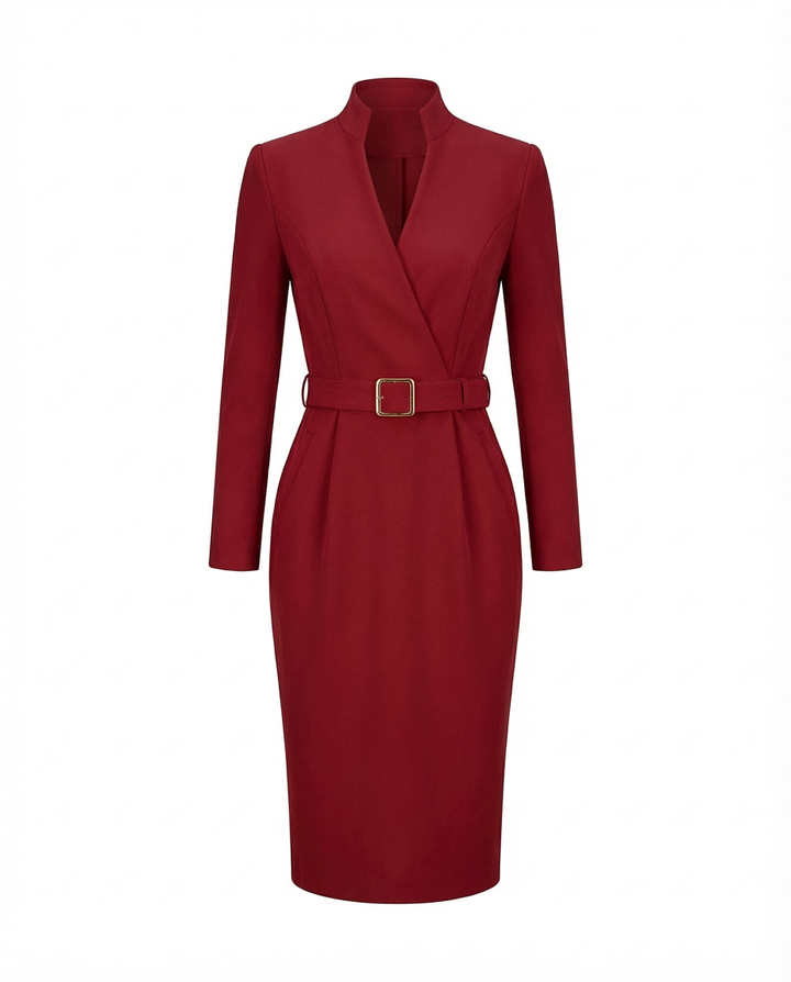 Sukienka Midi Elegancka | Dopasowany Krój | Zaznaczona Talia | Do Pracy i Na Oficjalne Okazje