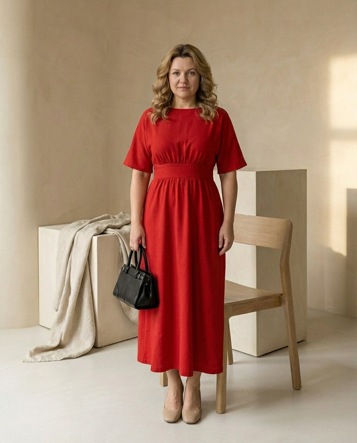 Sukienka Midi Damska Elegancka | Dopasowany Krój | Elastyczna Talie | Na Lato