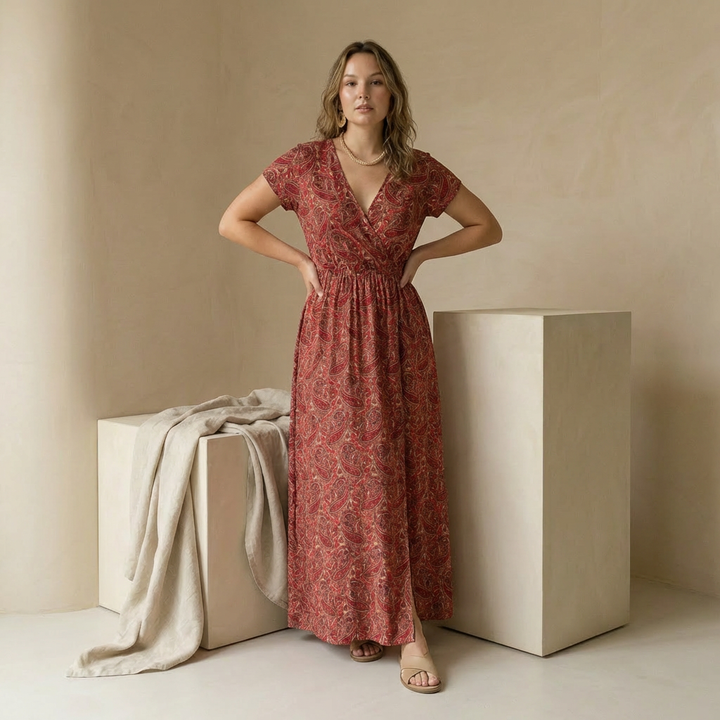 Damska Sukienka Maxi w Kwiaty | Zwiewna Tkanina | Pasek w Talii | Idealna na Lato
