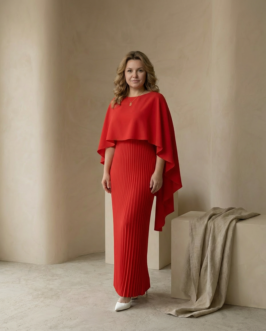 Plisowana Sukienka Maxi z Peleryną | Drapowany Krój | Elegancki Fason