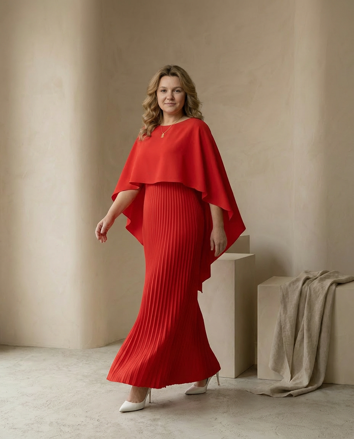 Plisowana Sukienka Maxi z Peleryną | Drapowany Krój | Elegancki Fason