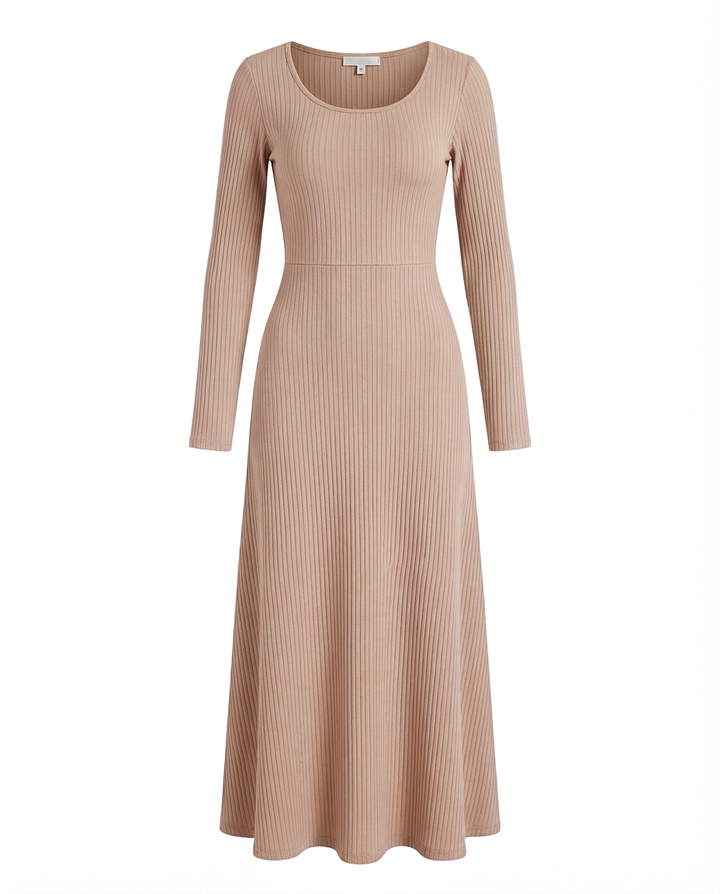 Sukienka Długa Prążkowana | Dopasowany Krój | Rozszerzane Rękawy | Na Co Dzień