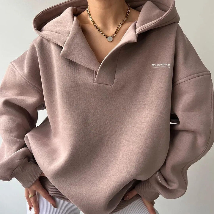 Damska Bluza Oversize z Kapturem | Głęboki Dekolt V | Styl Swobodny | Dzianina Premium