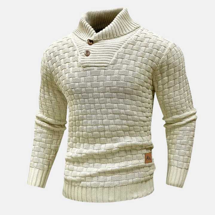 Sweter z Kołnierzem Szalowym | Dzianina Koszykowa | Guziki Dekoracyjne | Styl Casual z Charakterem