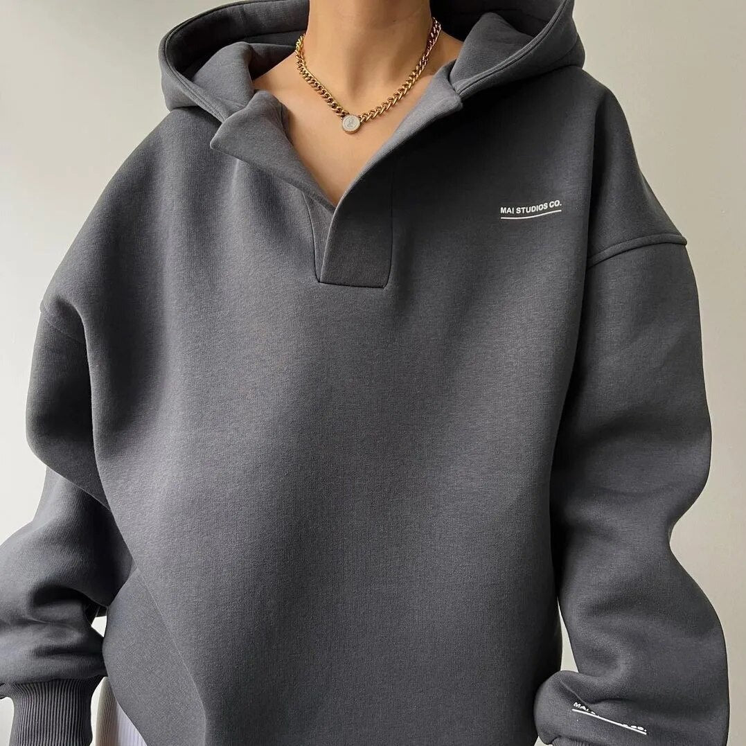 Damska Bluza Oversize z Kapturem | Głęboki Dekolt V | Styl Swobodny | Dzianina Premium