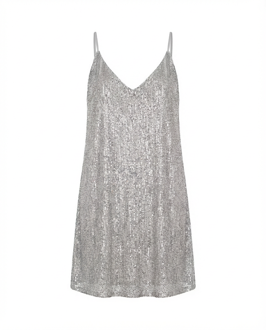 Krótka Sukienka z Cekinami | Lekki Luźny Krój z Dekoltem w Serek | Stylowa Sukienka na Imprezę