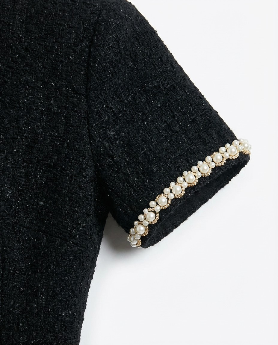 Sukienka Damska Mini Elegancka | Dopasowany Krój | Perłowe Wykończenie | Na Co Dzień i Na Wyjścia