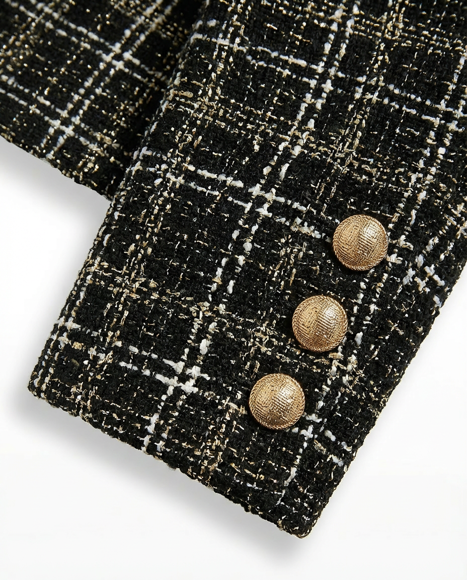 Zara Długi Żakiet Damski | Tkanina Bouclé, Klasyczna Krata, Złote Guziki - 8