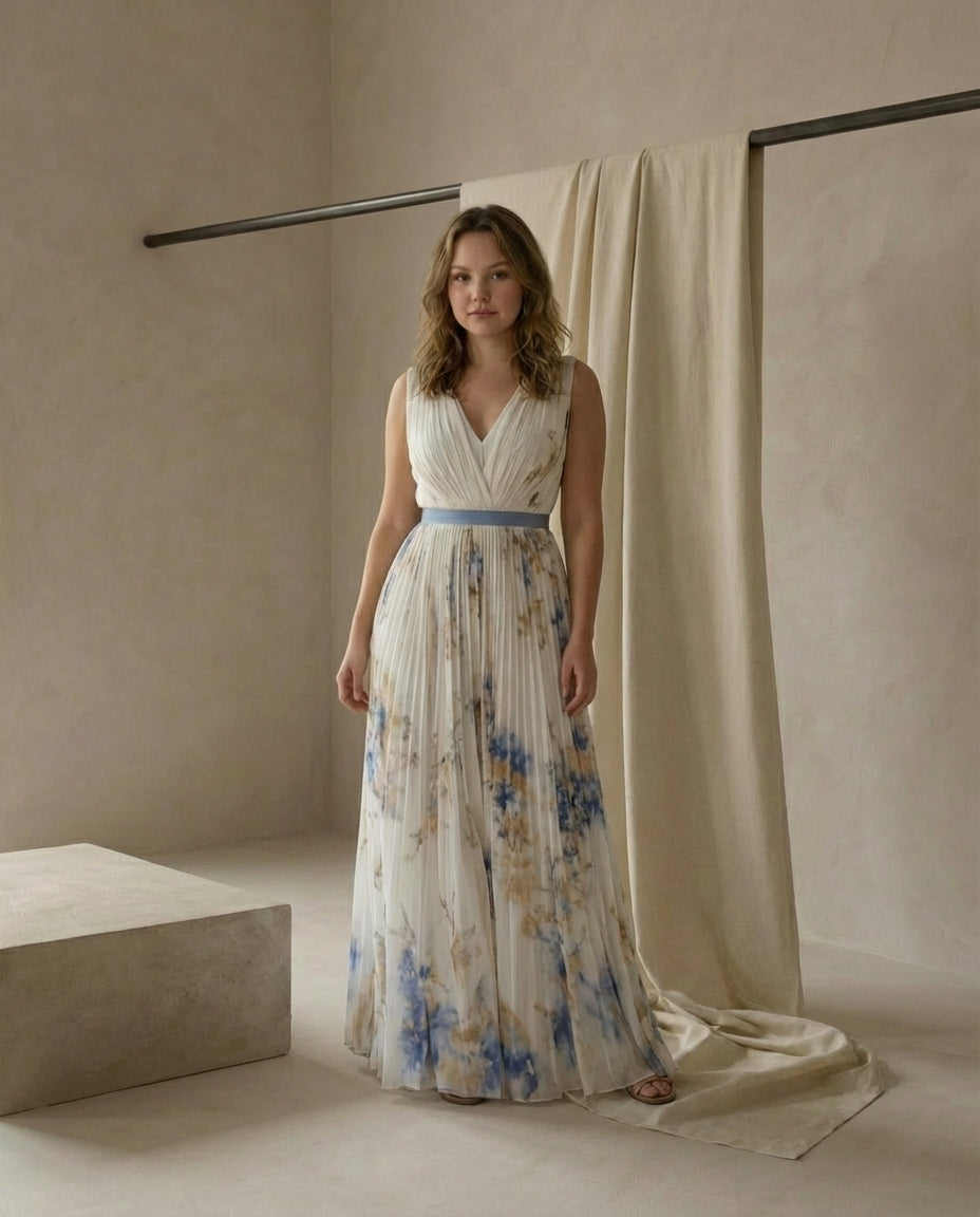 Sukienka Maxi Sukienki Długie | Plisowany Krój | Dekolt w Kształcie V | Na Co Dzień