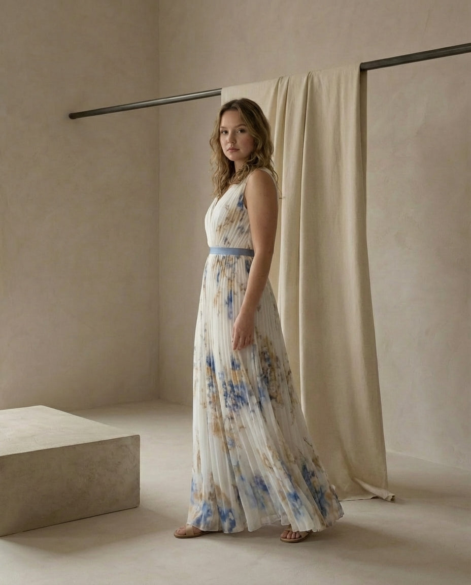 Sukienka Maxi Sukienki Długie | Plisowany Krój | Dekolt w Kształcie V | Na Co Dzień